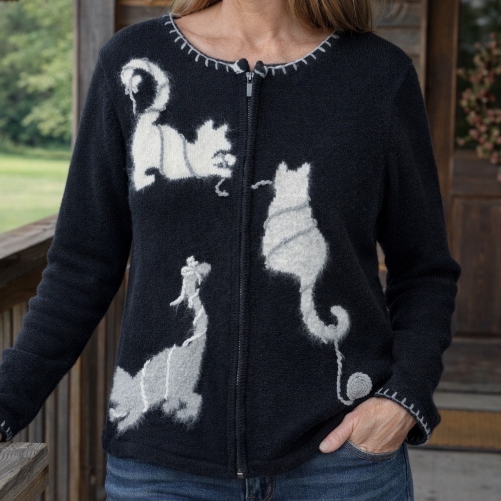 Coldwater Creek Womens Black Cat Yarn Zip Cardigan Sweater Rabbit Hair Wool L‎